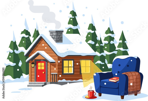 Rustic wooden cabin nestled in a snowy pine forest with outdoor seating