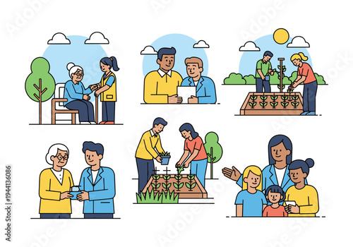Diverse people engaged in community activities like gardening, helping elders, and learning together