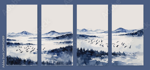 Minimalist Poster Set in Blue Color. Collection of Posters with Mountains for Wall Art, Cover, Postcards, Branding, Banner Design. Watercolor Card Set. Mountain Background Template in Watercolor Style