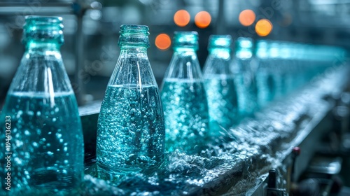 Sparkling water bottles moving on factory production line