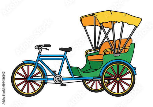 Colorful cartoon rickshaw with yellow canopy and green passenger compartment on white background