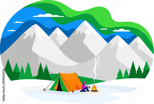 Solo camper rests by a fire under the aurora borealis