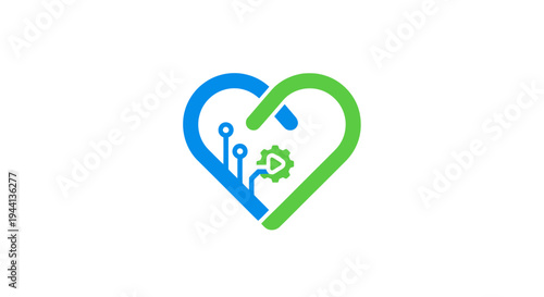 Digital Health Technology Heart Logo with Gear and Play Symbol
