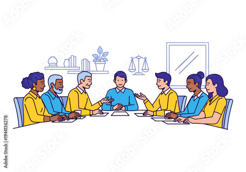 Diverse group of professionals in a meeting discussing ideas around a conference table