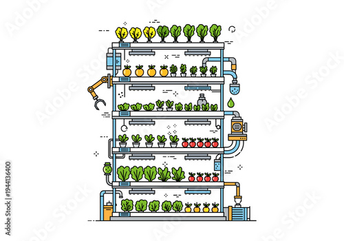 Automated vertical farm with robotic arm tending to crops under grow lights