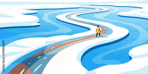 Traveler walking along a winding road through a frozen landscape