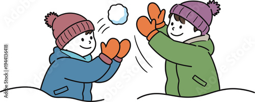 Two children playing with snowballs in deep snow