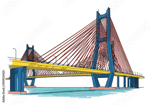 Modern cable-stayed bridge with striking blue towers and red suspension cables over water