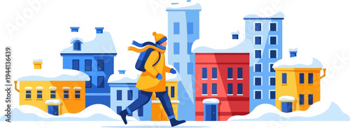 Urban dweller walks past colorful buildings in a snowy city
