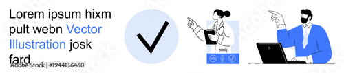 Online collaboration, communication, web verification, digital consultation, software development, teamwork. Includes a checkmark, a professional with clipboard and a man at a laptop. Web