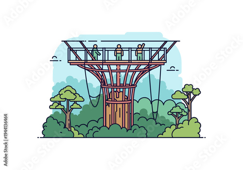 Modern observation tower structure in a lush green forest with people enjoying the view
