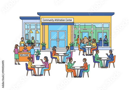 Community Arbitration Center exterior with people interacting at tables and reception