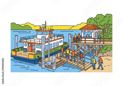 People boarding a ferry at a ticket booth on a wooden pier by the water