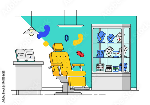 Modern tattoo studio interior with yellow chair, jewelry display, and aftercare guide