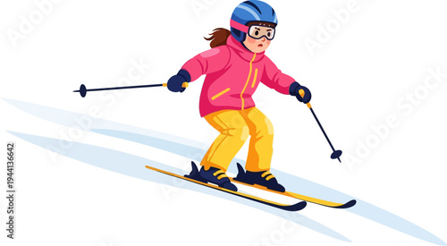 Youthful skier descending a snowy mountain slope