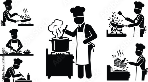 Professional Chef and Culinary Arts Icon Set Featuring Cooks Frying Sautéing Boiling Chopping and Preparing Gourmet Meals in Commercial Kitchens Silhouettes