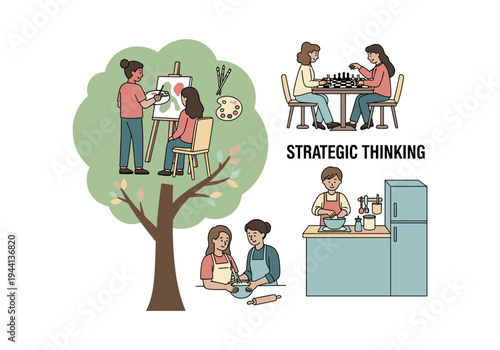 Diverse group of people engaged in creative and strategic activities, symbolizing personal growth