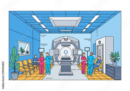 Medical professionals and patients in a modern radiation therapy treatment room with linear accelerator