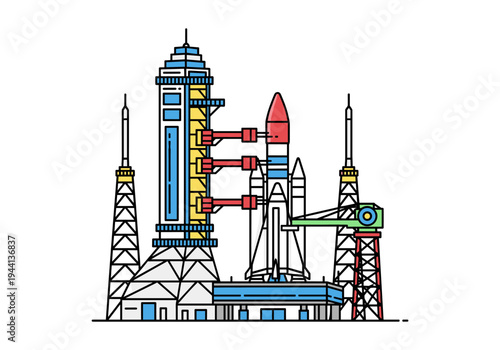 Space rocket on launchpad with launch towers and support structures, flat design