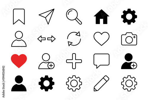 Essential UI Icon Set with Home, Search, User, Settings, and Social Interaction Symbols