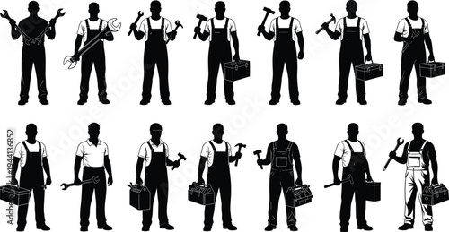 Mechanic and handyman silhouette set with wrench hammer and toolbox for repair service cad drawing flat vector illustration