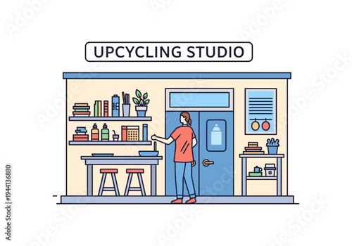 Creative person working in a bright upcycling studio with shelves and tools