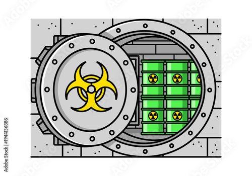 Secure vault storing hazardous waste barrels with biohazard and radiation symbols