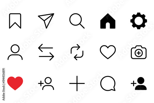 Essential UI Icon Set with Home, Search, User, Settings, and Social Interaction Symbols