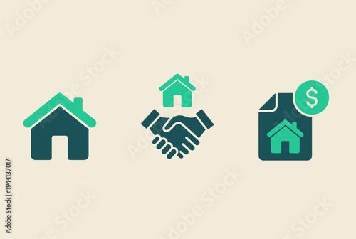 Real Estate Agreement Icon Set Vector, House Handshake Property Deal Symbol Collection, Home Investment Icons