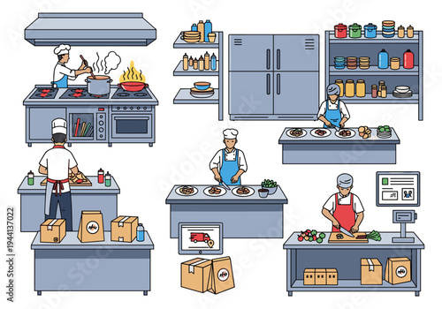 Busy commercial kitchen scene with chefs preparing food and delivery orders being packed