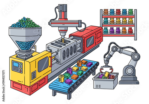 Automated plastic injection molding machine producing colorful parts on a conveyor belt