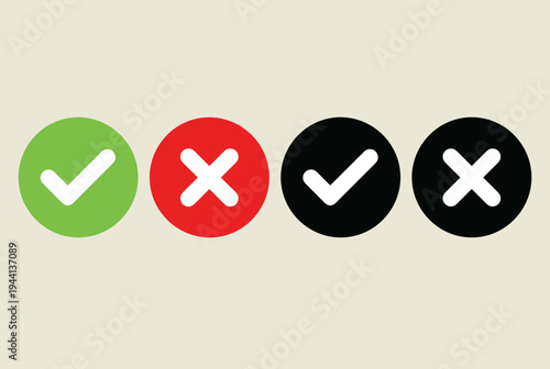 Check Mark and Cross Icon Set Vector, Approved Rejected Symbols Collection, Yes No Tick UI Buttons