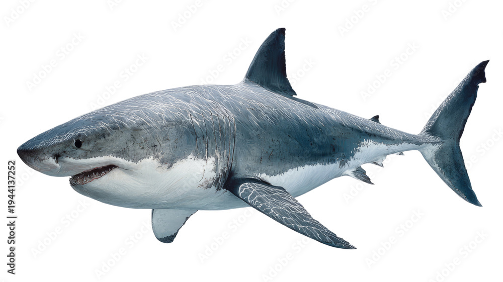 Fototapeta premium A powerful great white shark predator with sharp teeth and a grey fin swims isolated on a white background in this marine wildlife nature illustration