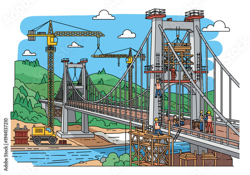Workers and cranes build a suspension bridge over a river in a scenic landscape