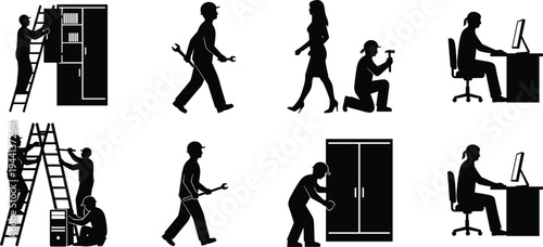 Office work and maintenance silhouette set with people using computers climbing ladders and moving furniture cad drawing flat vector illustration