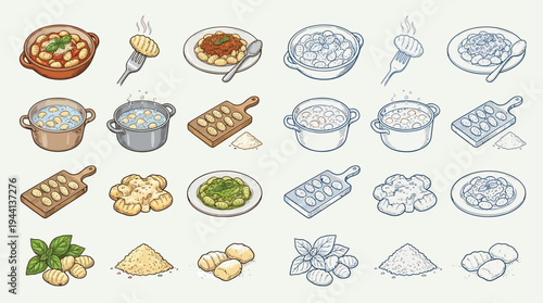 A collection of isometric illustrations depicting various stages of gnocchi preparation and presentation, including ingredients and finished dishes.