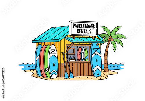 Colorful paddleboard rental shack on a sandy beach with a palm tree and ocean waves