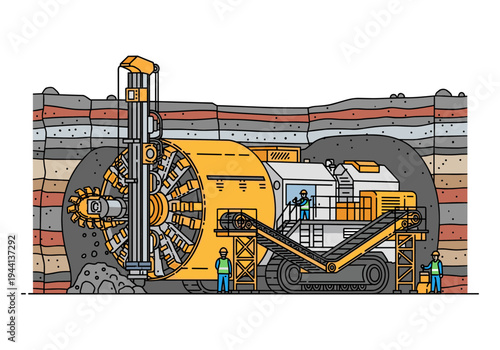 Tunnel boring machine excavating through layered rock strata with workers overseeing operations