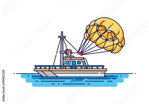 Parasailing boat with yellow parachute on blue water, vector illustration