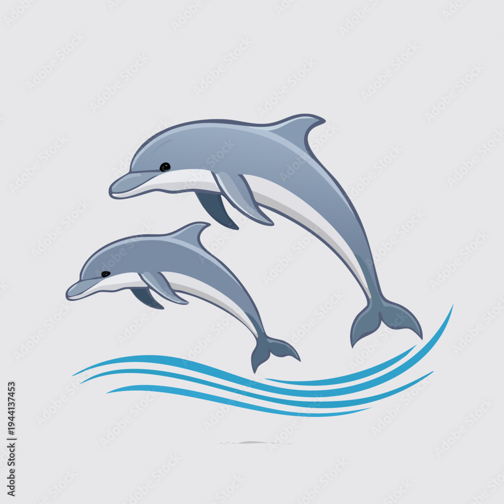 Obraz premium Two playful dolphins leaping from the ocean waves, a charming cartoon illustration.