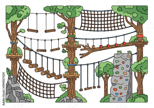 Adventure park with ropes course, climbing wall, and zip lines set in trees