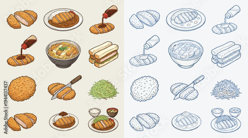 A collection of colorful and monochromatic illustrations depicting various Japanese dishes, including katsu, curry, and rice.