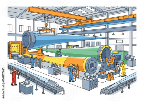 Wind turbine blade manufacturing facility with workers and heavy machinery
