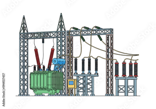 Electrical substation with transformer and power lines, industrial energy infrastructure illustration