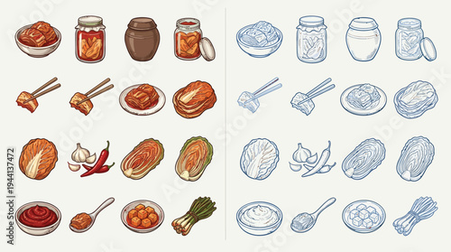 A vibrant collection of Korean kimchi ingredients and prepared dishes, presented in both colorful and sketched illustrations.