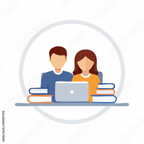 Two students studying together with books and laptop.