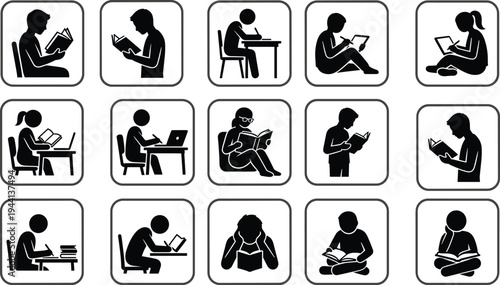 Professional Student Education Icon Set Featuring People Reading Books Writing at Desks Studying with Laptops and Digital Tablets Silhouettes