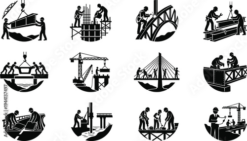 Professional Bridge Infrastructure Icon Set Featuring Construction Workers Welding Steel Girders Pouring Concrete Crane Operations and Structural Engineering Silhouettes