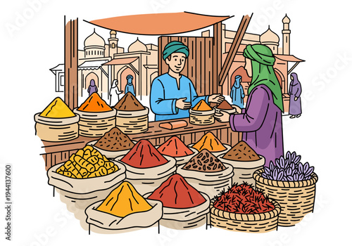 Traditional Middle Eastern spice market scene with vendors and colorful spices displayed in sacks