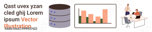 Data storage, business analytics, teamwork, office discussion, financial planning, company operations. a database, bar chart and two professionals collaborating. Data storage and business analytics